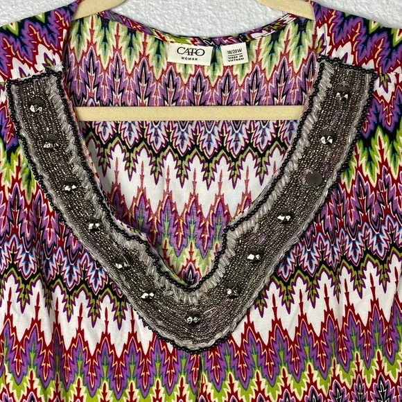 Cato Top Size 18/20 Womens Plus Colorful Print Cap Sleeve Beaded V-Neck - Picture 4 of 8